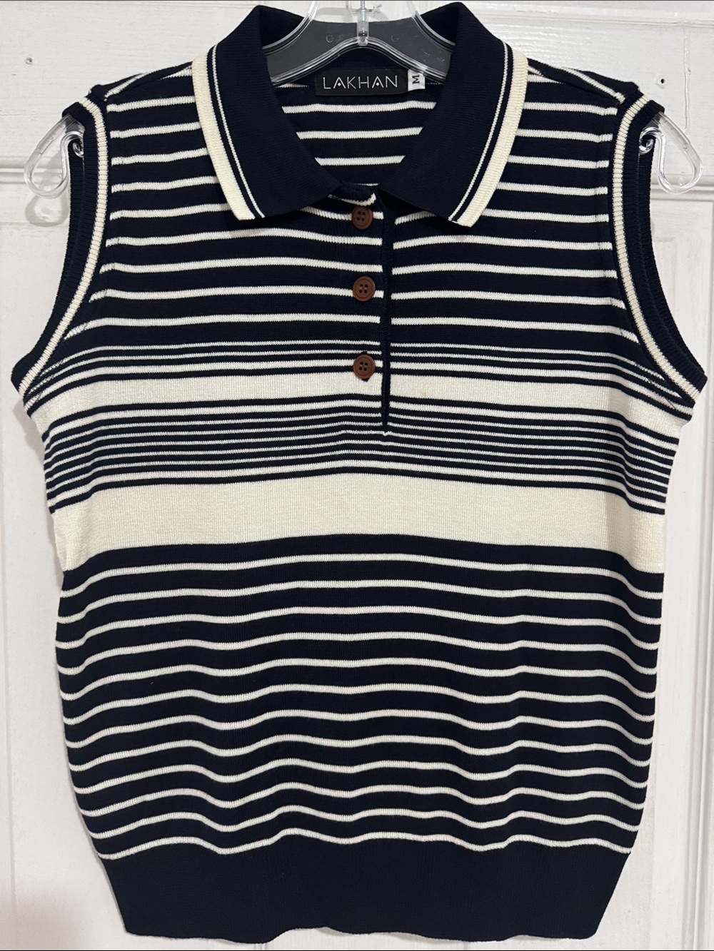 Vintage Brand New Navy & White Striped Sweater Sleeveless Polo Tank Size M